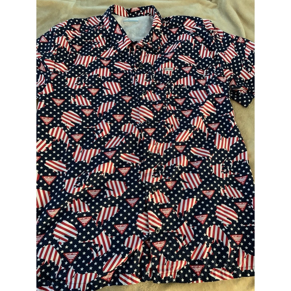 Columbia PFG Trollers Best Stars Stripes Fish Print Vented Shirt Large USA